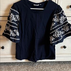 Chico's Navy Blouse with White Embroidery